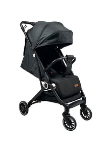 Foldable and lightweight baby stroller with flexible wheels and a protective canopy, black color