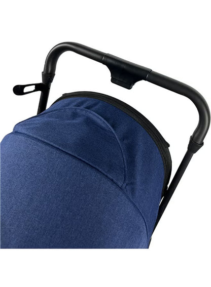 Foldable and lightweight baby stroller with flexible wheels and a protective canopy, blue color