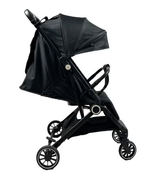 Foldable and lightweight baby stroller with flexible wheels and a protective canopy, black color