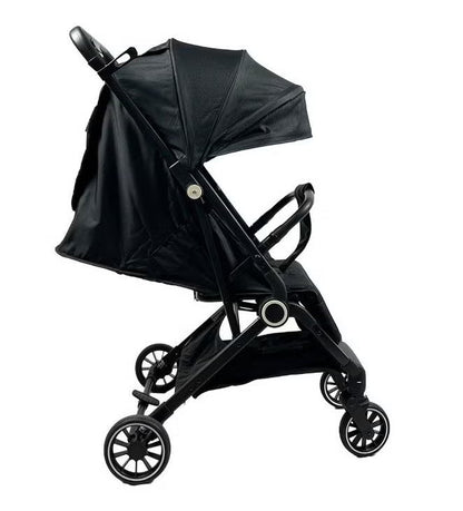 Foldable and lightweight baby stroller with flexible wheels and a protective canopy, black color