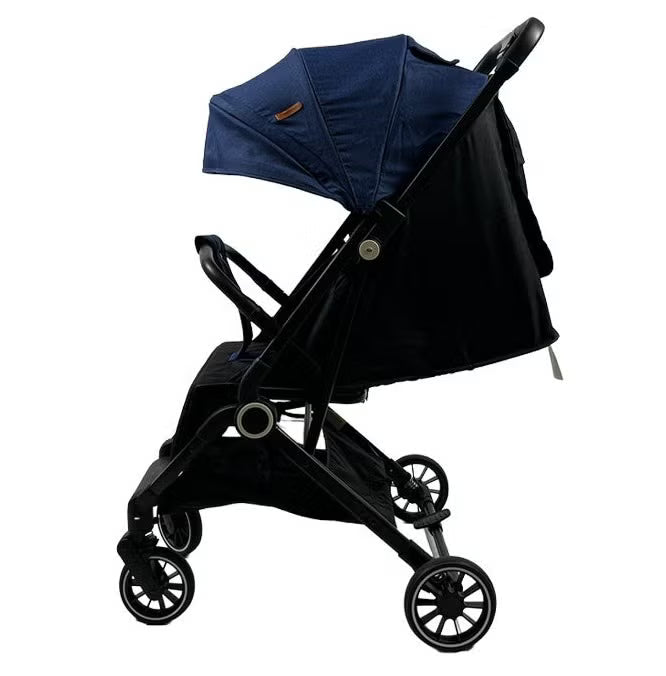 Foldable and lightweight baby stroller with flexible wheels and a protective canopy, blue color
