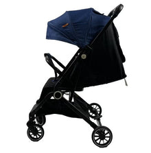 Foldable and lightweight baby stroller with flexible wheels and a protective canopy, blue color