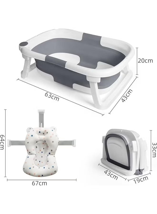 Baby Bath Tub Foldable Bathtub, Collapsible Toddler Bath Tubs with Baths Support Cushion Pad Seat Mat, Anti-Slip Portable Travel Shower Bathing Basin Folding Bathtubs for Newborn Toddler Infant (Grey)