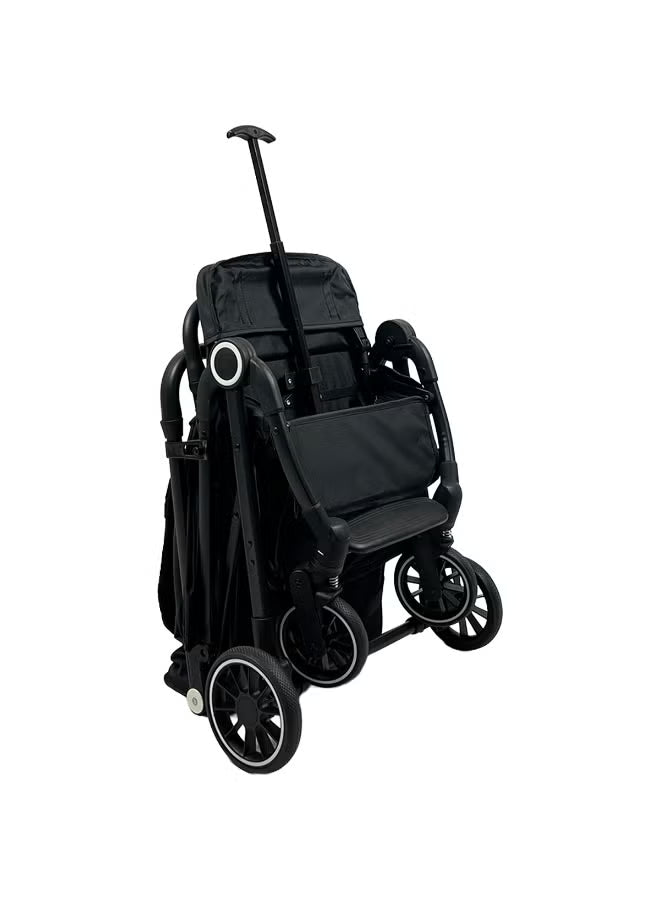 Foldable and lightweight baby stroller with flexible wheels and a protective canopy, black color