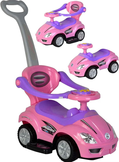 3 In 1 Ride On Toy Car With Barrier And Backrest, Removable Hanlde For Kids - Pink