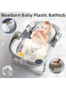 Baby Bath Tub Foldable Bathtub, Collapsible Toddler Bath Tubs with Baths Support Cushion Pad Seat Mat, Anti-Slip Portable Travel Shower Bathing Basin Folding Bathtubs for Newborn Toddler Infant (Grey)