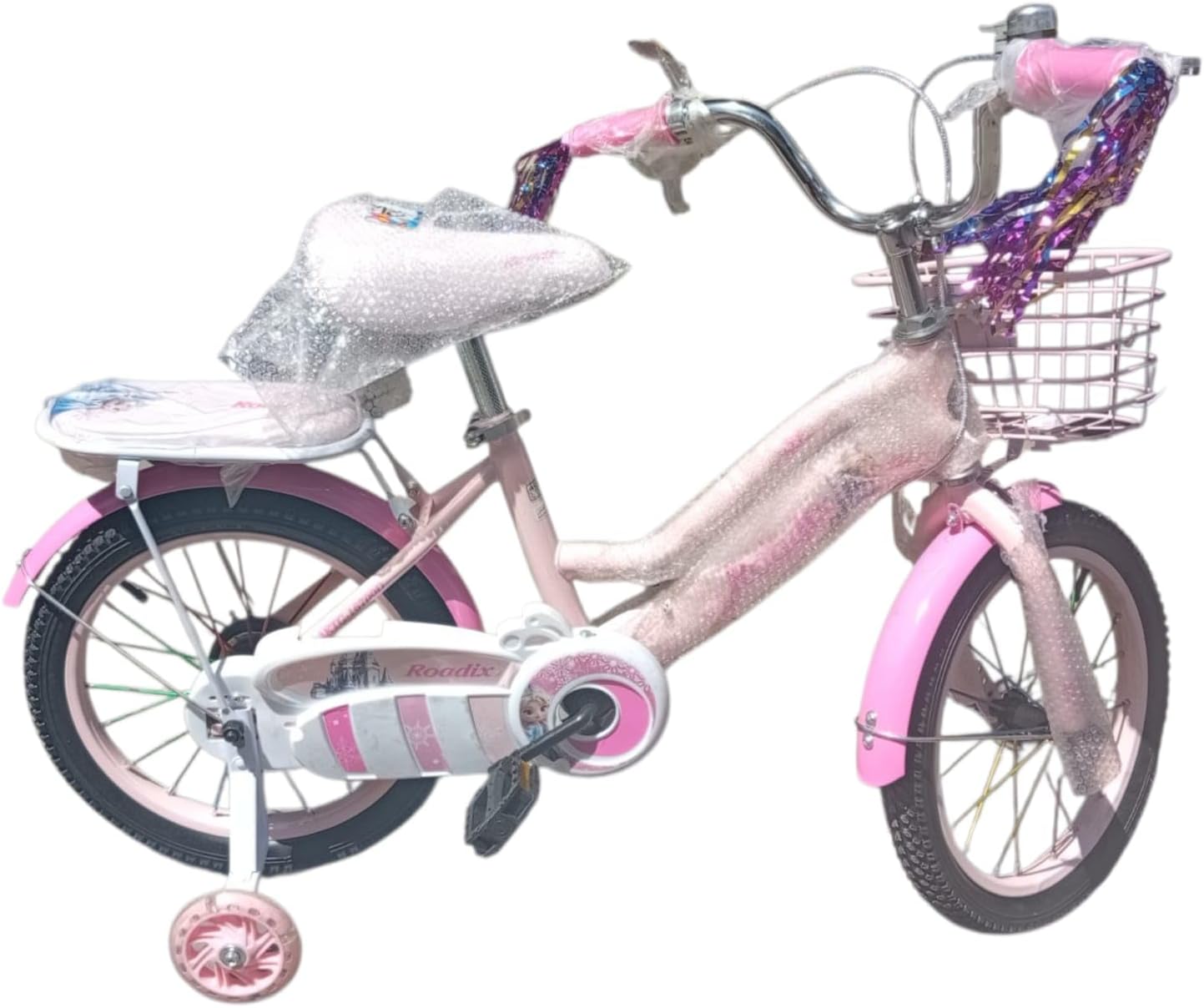 Kids Girls Bike, Pink, Front Basket and Auxiliary Wheels, Princess Design, Comfortable Seat