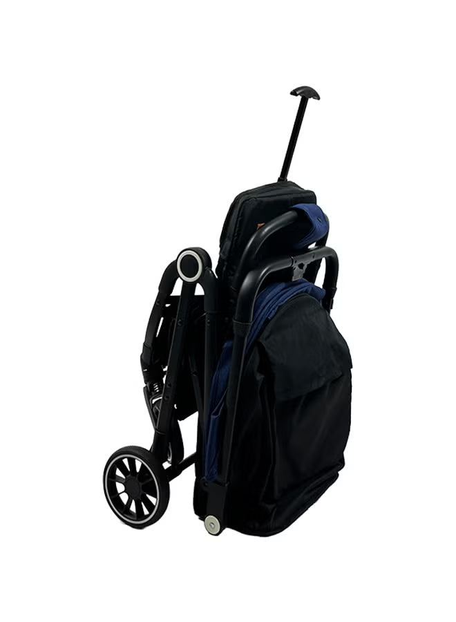 Foldable and lightweight baby stroller with flexible wheels and a protective canopy, blue color