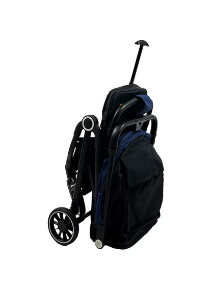 Foldable and lightweight baby stroller with flexible wheels and a protective canopy, blue color