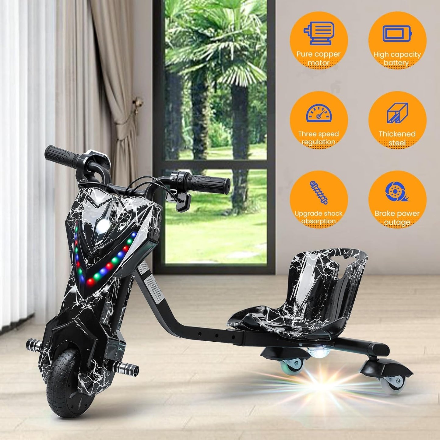 Electric Drift Trike for kids,Drift Cart,Big Wheel Drifting Tricycle for Ages 8+ with Strong Steel Frame,Crazy Kart, 12V Electric Ride-On Car with Swivel, Slide, and 360° Drift Features,Black