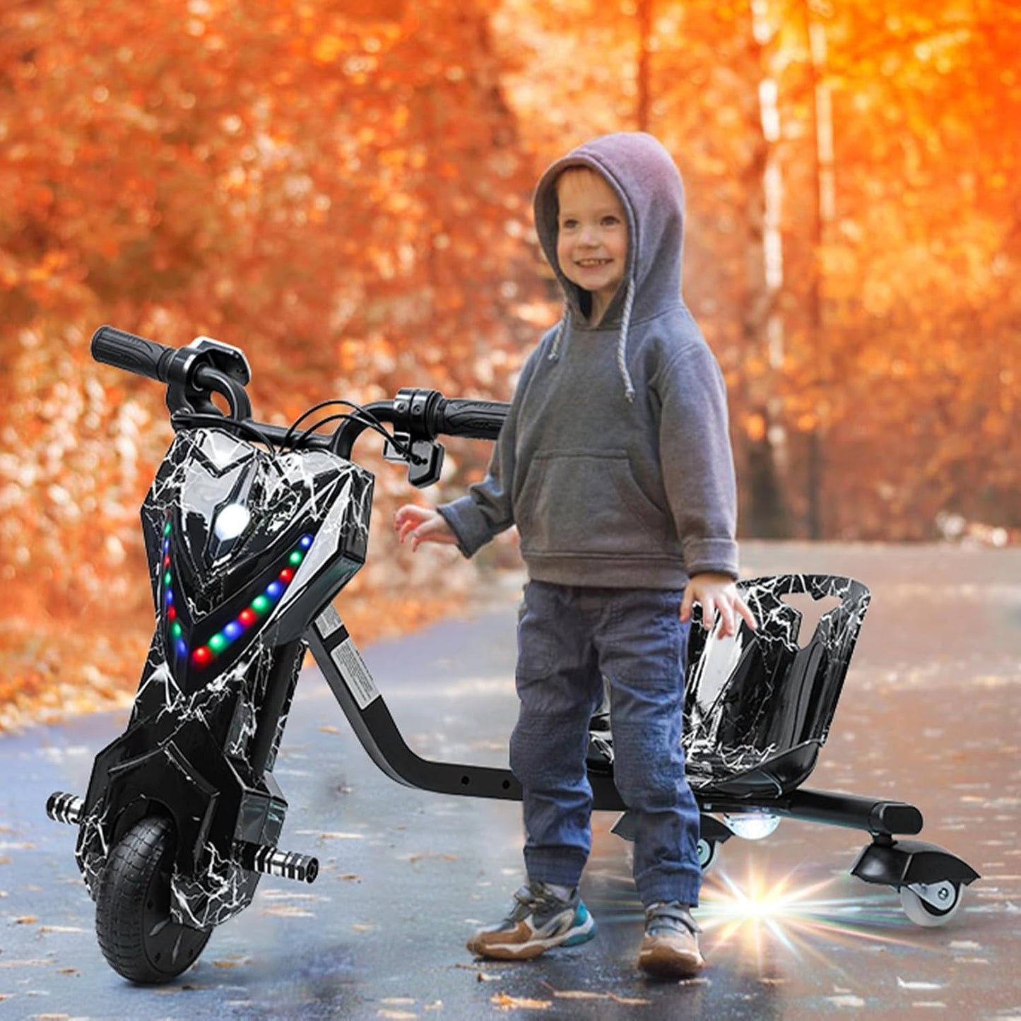 Electric Drift Trike for kids,Drift Cart,Big Wheel Drifting Tricycle for Ages 8+ with Strong Steel Frame,Crazy Kart, 12V Electric Ride-On Car with Swivel, Slide, and 360° Drift Features,Black