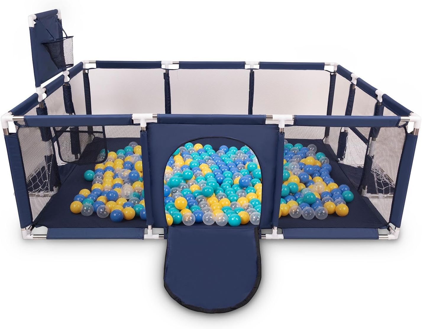 SELONIS Baby Playard With 100 Plastic Balls Foldable Play Area Basketball Football, Dark Blue: Turquoise/Blue/Yellow/Transparent