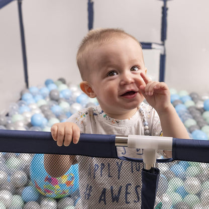 SELONIS Baby Playard With 100 Plastic Balls Foldable Play Area Basketball Football, Dark Blue: Turquoise/Blue/Yellow/Transparent