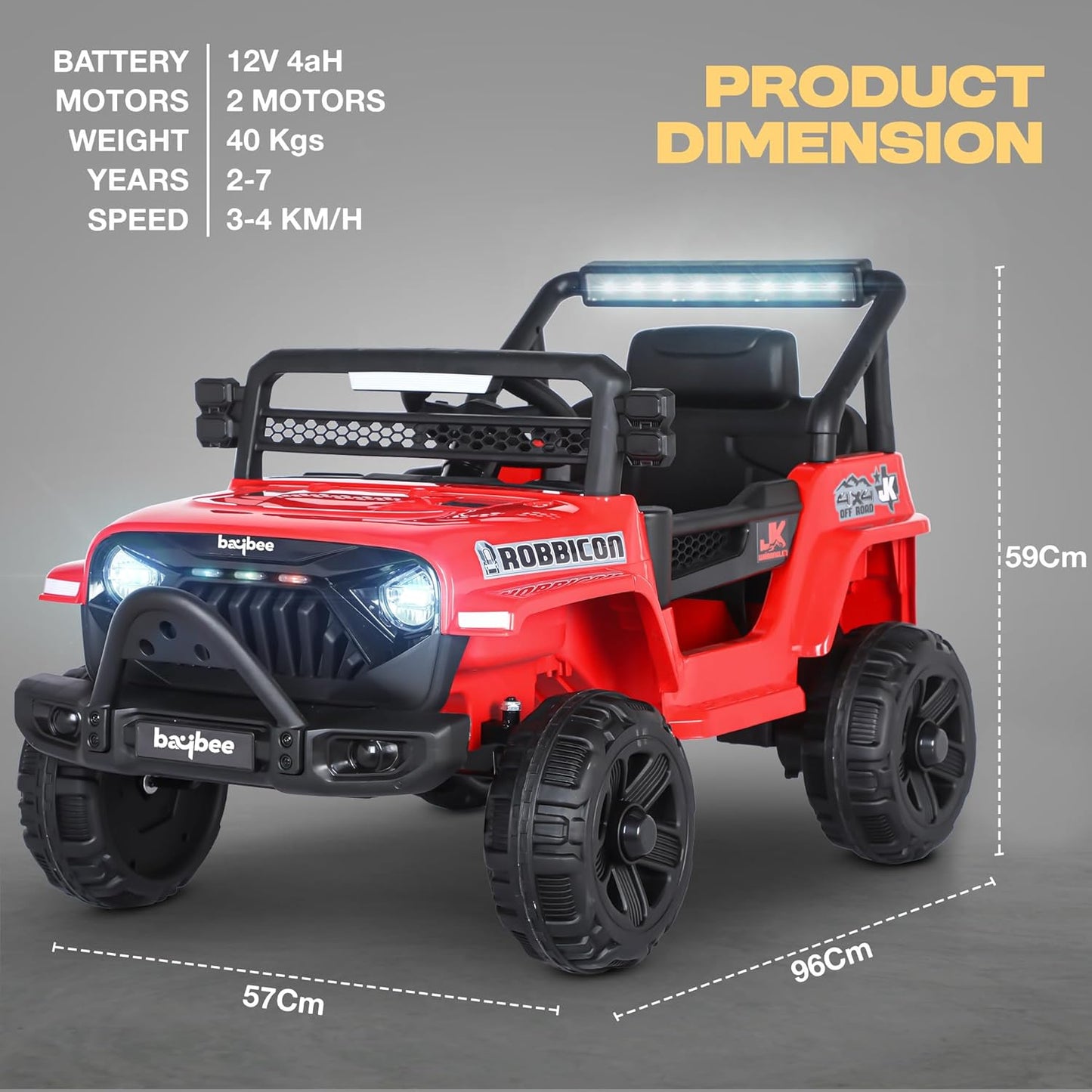 Baybee Turbo Battery Car for Kids Electric Jeep/Car for Kids with Music Led Light Ride On Kids Car Jeep Racing Baby Car Rechargeable Battery Operated Car for Kids 2-7 years Boys Girls (Red)