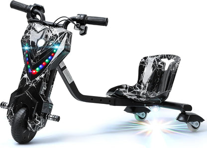 Drift Trike, Kids Ride On Toys Wiggle Car, Big Wheel Drifting Tricycle for Ages 8+ with Strong Steel Frame Adjustable Seat, 12V Electric Ride-On with Swivel, Slide, 360° Drift Black White