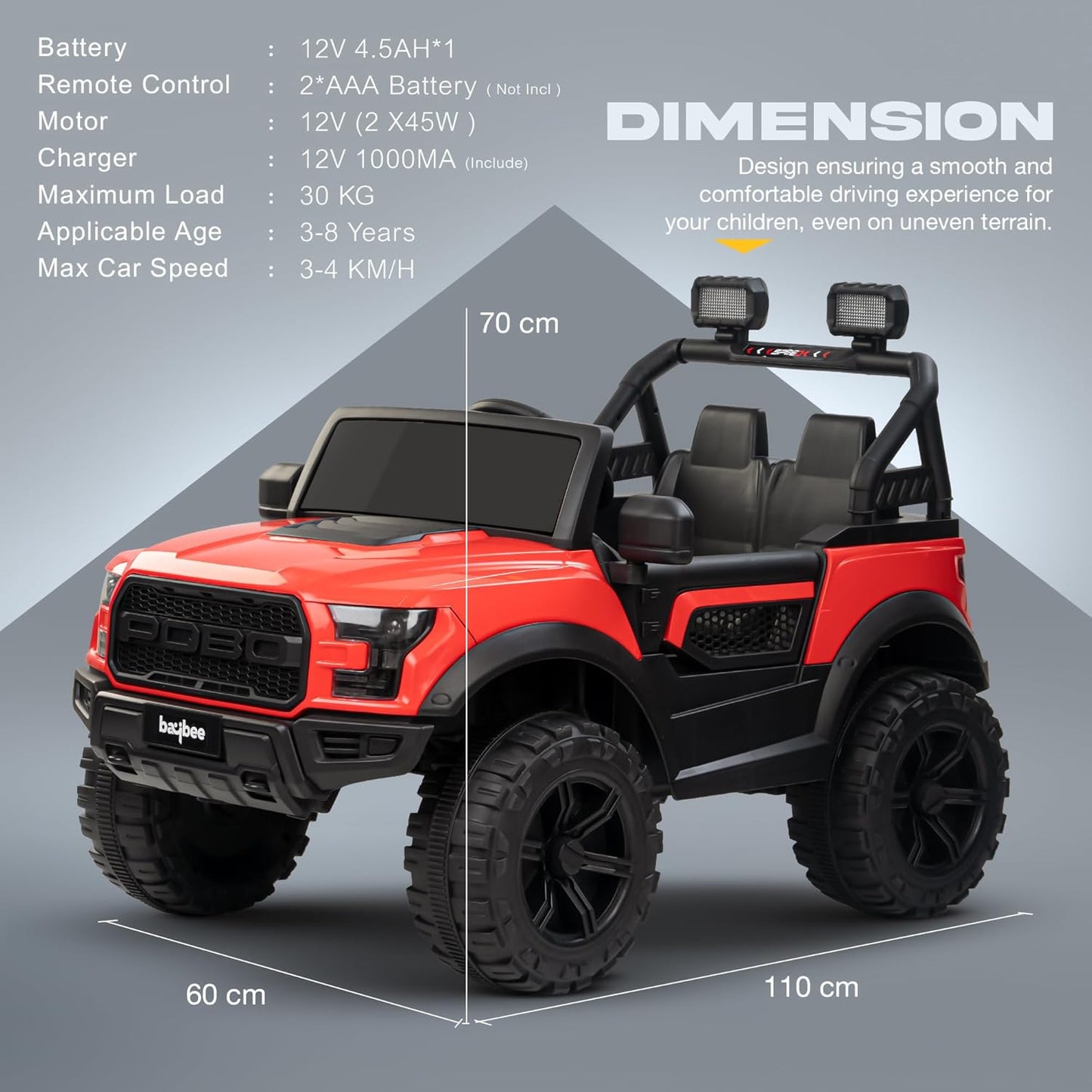 Baybee Bronco Battery Operated Electric Ride on Toy Jeep with RGB Windshield Light & Music for Kids, Boys, Girls, Baby Big Car to Drive, 3 to 8 Years, Red