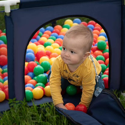 SELONIS Baby Playard With 100 Plastic Balls Foldable Play Area Basketball Football, Dark Blue: Turquoise/Blue/Yellow/Transparent