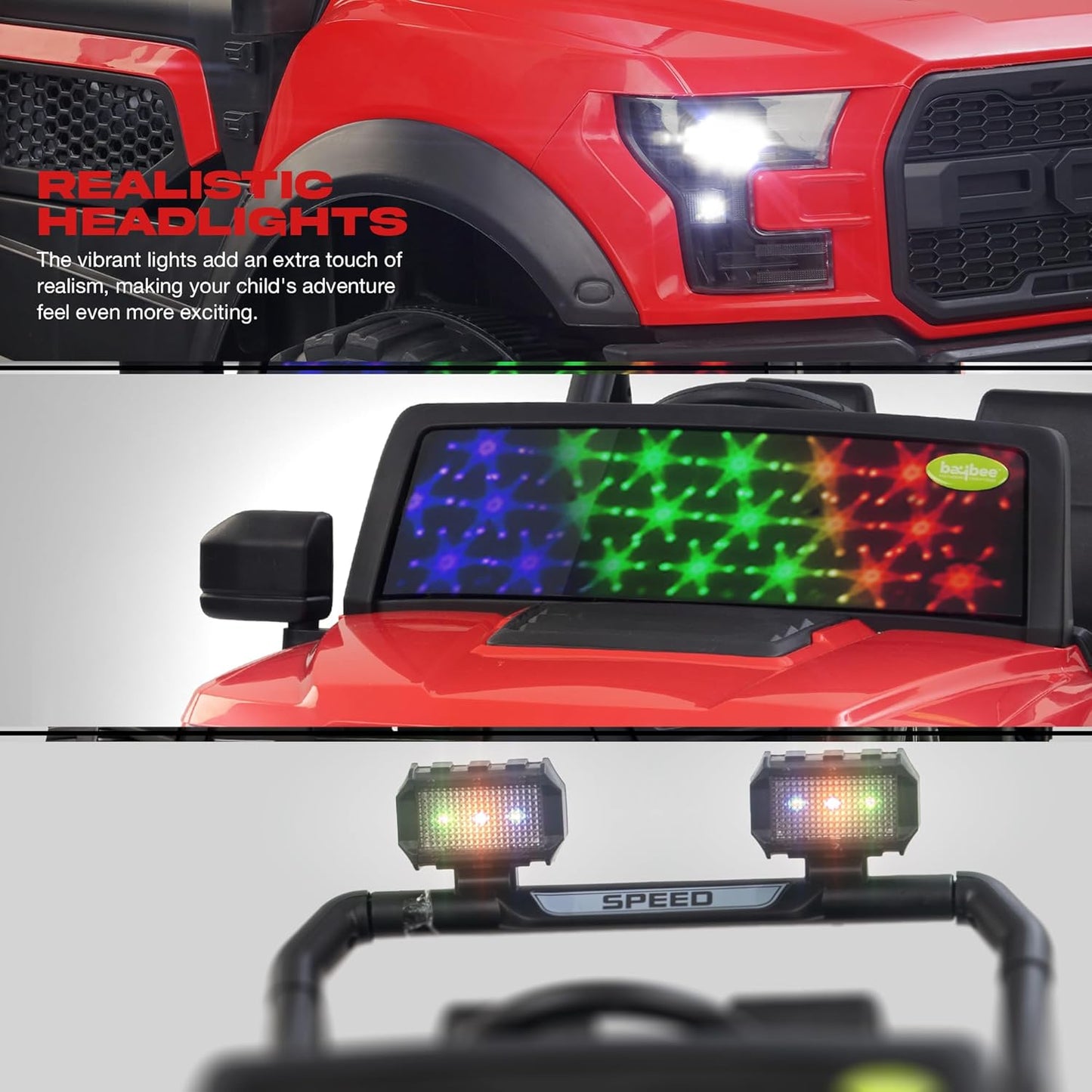 Baybee Bronco Battery Operated Electric Ride on Toy Jeep with RGB Windshield Light & Music for Kids, Boys, Girls, Baby Big Car to Drive, 3 to 8 Years, Red