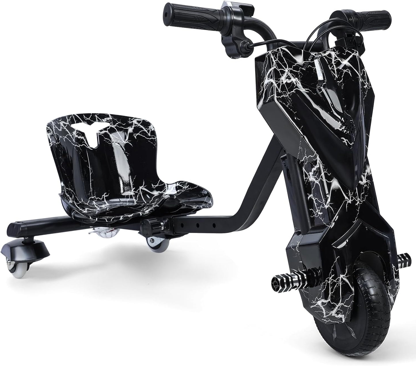 Drift Trike, Kids Ride On Toys Wiggle Car, Big Wheel Drifting Tricycle for Ages 8+ with Strong Steel Frame Adjustable Seat, 12V Electric Ride-On with Swivel, Slide, 360° Drift Black White