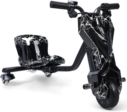 Drift Trike, Kids Ride On Toys Wiggle Car, Big Wheel Drifting Tricycle for Ages 8+ with Strong Steel Frame Adjustable Seat, 12V Electric Ride-On with Swivel, Slide, 360° Drift Black White