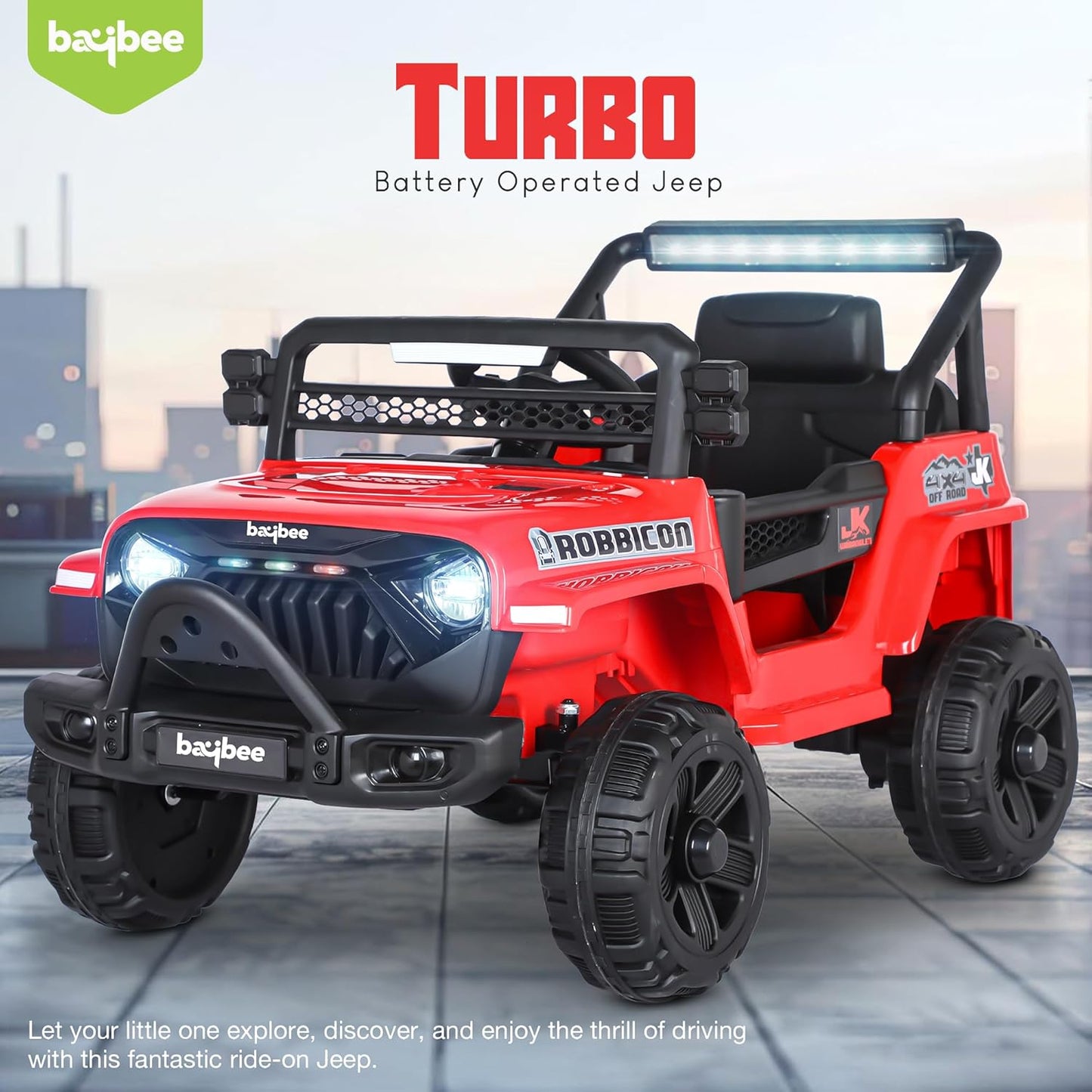 Baybee Turbo Battery Car for Kids Electric Jeep/Car for Kids with Music Led Light Ride On Kids Car Jeep Racing Baby Car Rechargeable Battery Operated Car for Kids 2-7 years Boys Girls (Red)