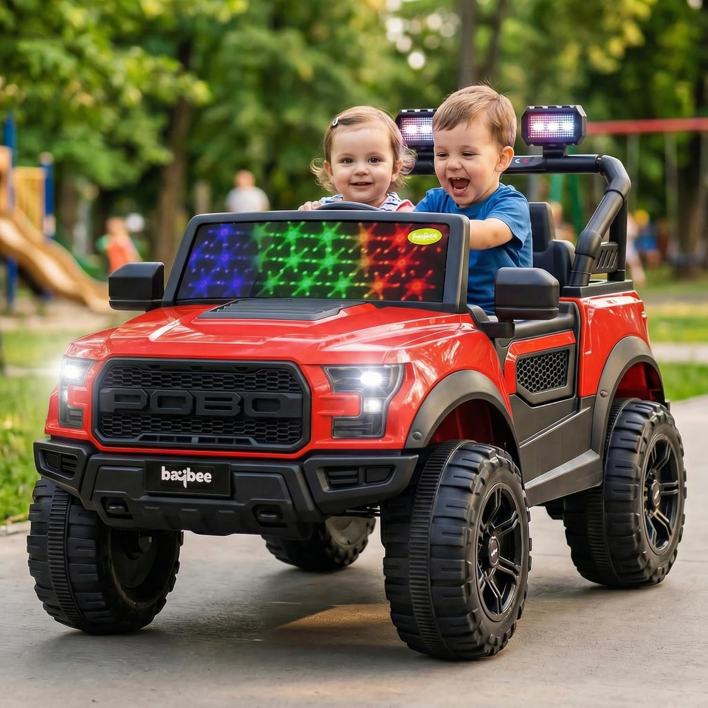 Baybee Bronco Battery Operated Electric Ride on Toy Jeep with RGB Windshield Light & Music for Kids, Boys, Girls, Baby Big Car to Drive, 3 to 8 Years, Red