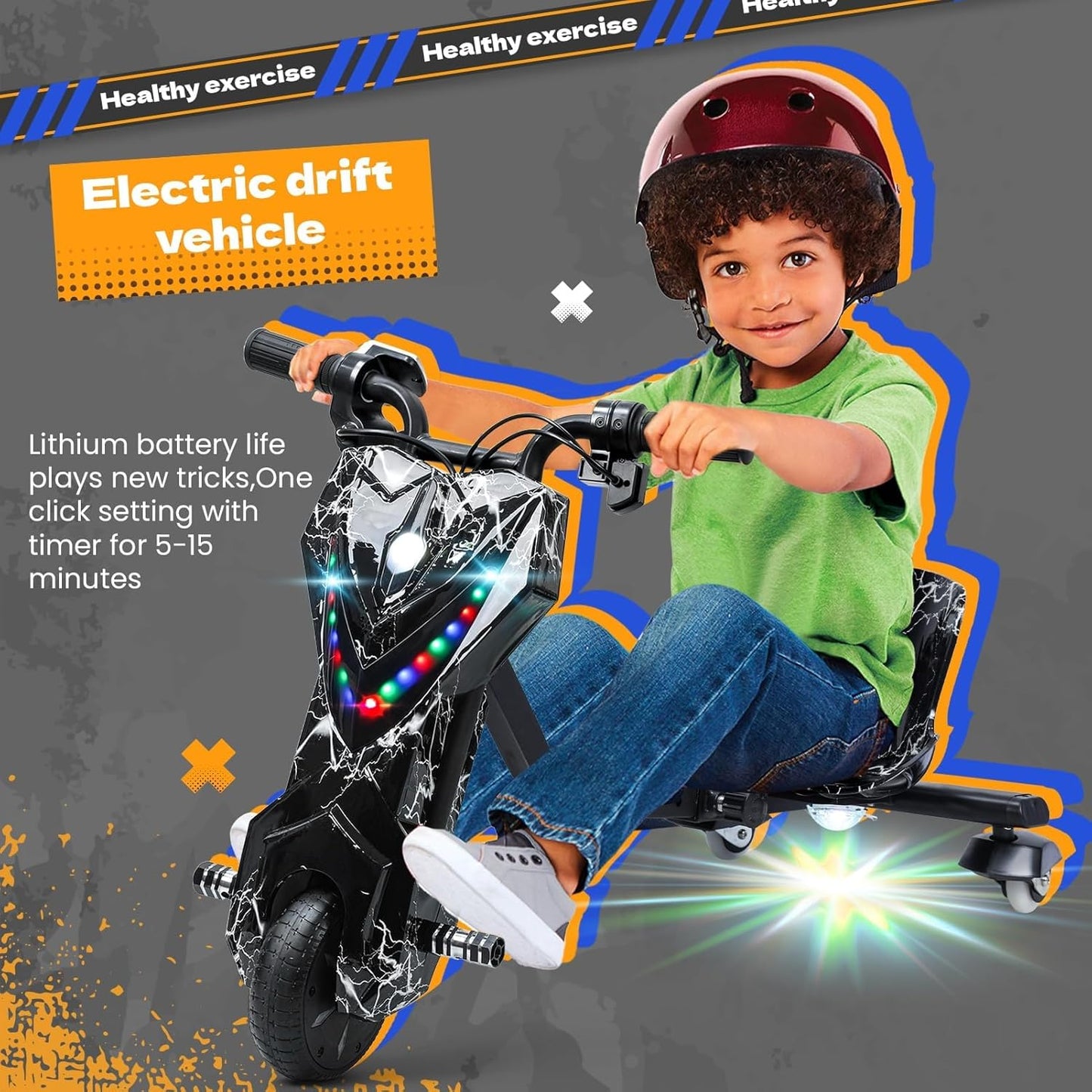Electric Drift Trike for kids,Drift Cart,Big Wheel Drifting Tricycle for Ages 8+ with Strong Steel Frame,Crazy Kart, 12V Electric Ride-On Car with Swivel, Slide, and 360° Drift Features,Black