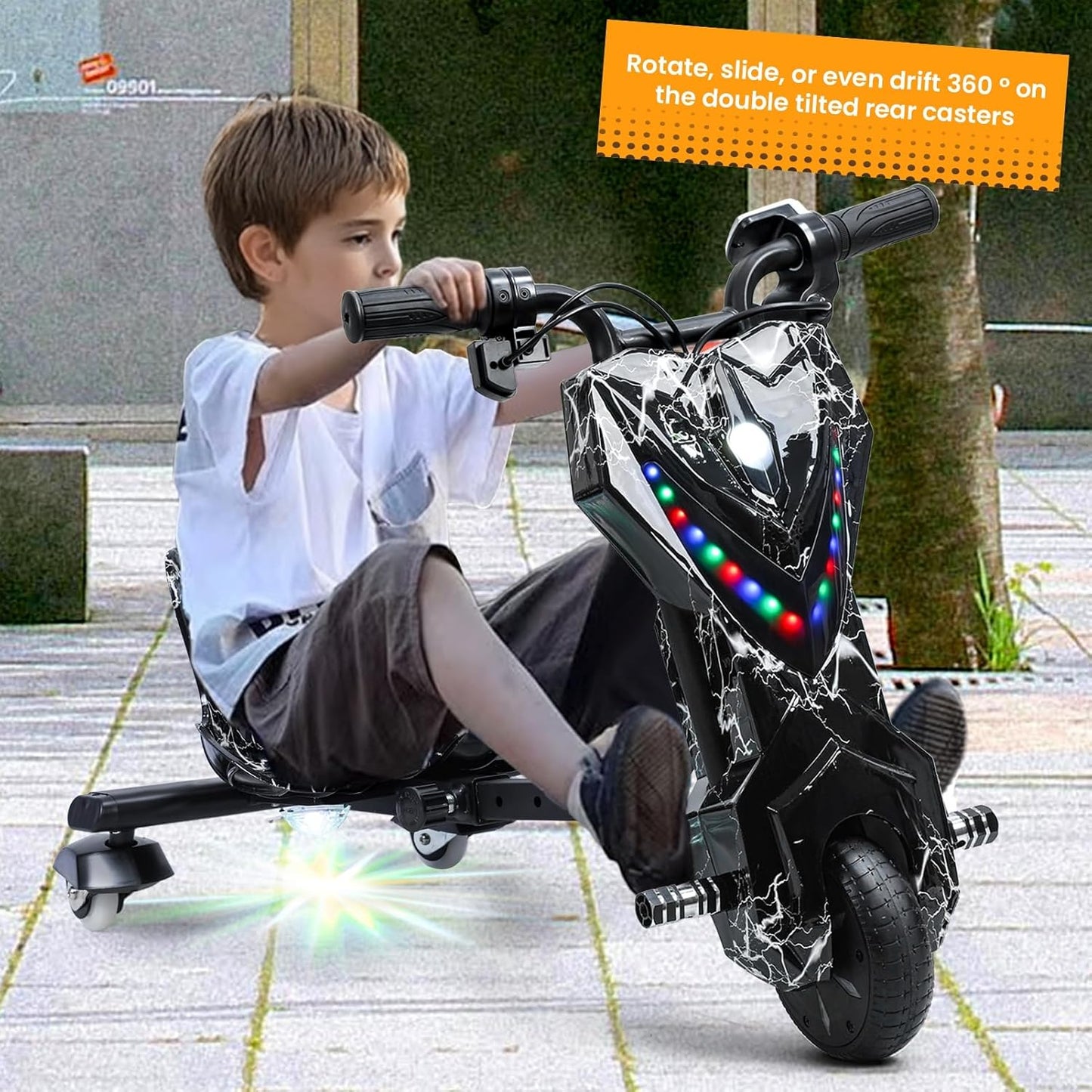 Electric Drift Trike for kids,Drift Cart,Big Wheel Drifting Tricycle for Ages 8+ with Strong Steel Frame,Crazy Kart, 12V Electric Ride-On Car with Swivel, Slide, and 360° Drift Features,Black
