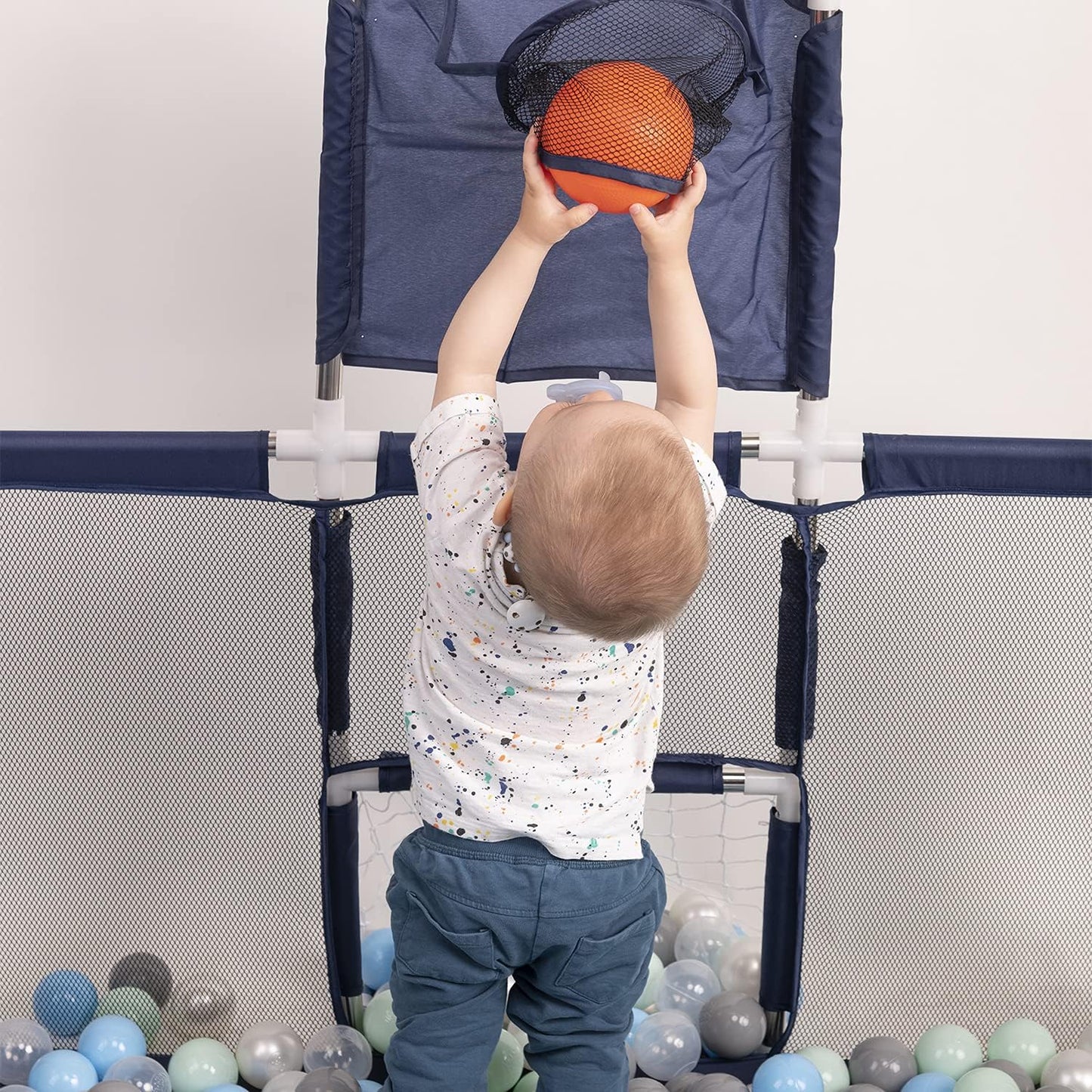 SELONIS Baby Playard With 100 Plastic Balls Foldable Play Area Basketball Football, Dark Blue: Turquoise/Blue/Yellow/Transparent