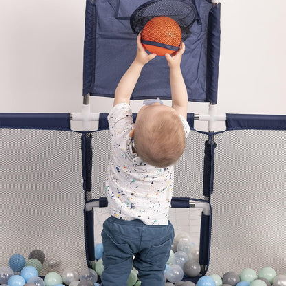 SELONIS Baby Playard With 100 Plastic Balls Foldable Play Area Basketball Football, Dark Blue: Turquoise/Blue/Yellow/Transparent