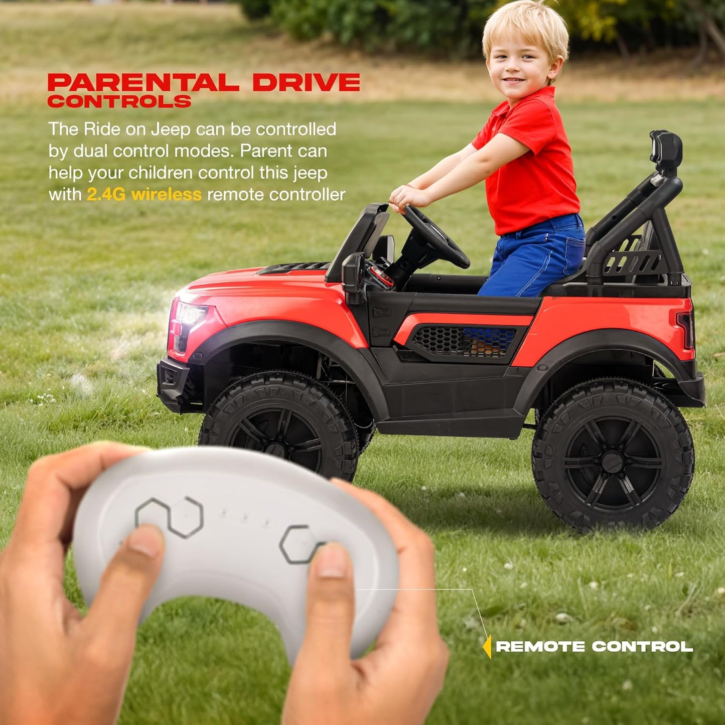 Baybee Bronco Battery Operated Electric Ride on Toy Jeep with RGB Windshield Light & Music for Kids, Boys, Girls, Baby Big Car to Drive, 3 to 8 Years, Red