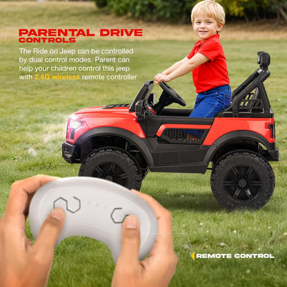 Baybee Bronco Battery Operated Electric Ride on Toy Jeep with RGB Windshield Light & Music for Kids, Boys, Girls, Baby Big Car to Drive, 3 to 8 Years, Red