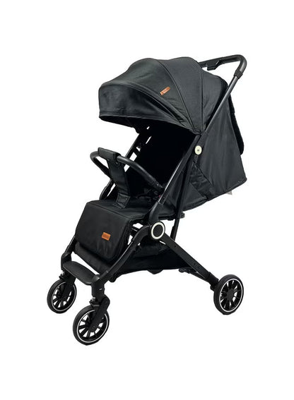 Foldable and lightweight baby stroller with flexible wheels and a protective canopy, black color