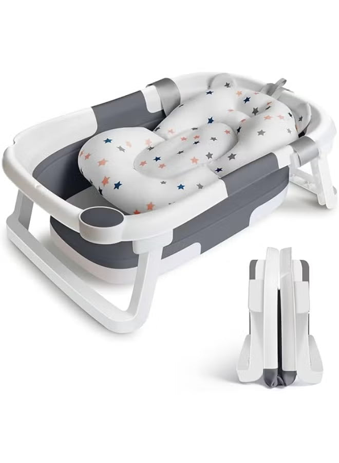 Baby Bath Tub Foldable Bathtub, Collapsible Toddler Bath Tubs with Baths Support Cushion Pad Seat Mat, Anti-Slip Portable Travel Shower Bathing Basin Folding Bathtubs for Newborn Toddler Infant (Grey)