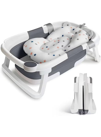 Baby Bath Tub Foldable Bathtub, Collapsible Toddler Bath Tubs with Baths Support Cushion Pad Seat Mat, Anti-Slip Portable Travel Shower Bathing Basin Folding Bathtubs for Newborn Toddler Infant (Grey)