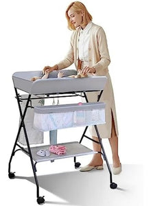 Occuwzz Baby Changing Table, Infant Diaper Changing Station with Wheels, Foldable Nursery Changing Table Bath Mat and Storage, Adjustable Height Newborn Massage Tables Diaper Organizer (Grey)