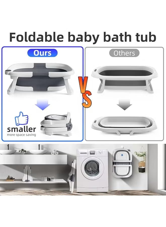 Baby Bath Tub Foldable Bathtub, Collapsible Toddler Bath Tubs with Baths Support Cushion Pad Seat Mat, Anti-Slip Portable Travel Shower Bathing Basin Folding Bathtubs for Newborn Toddler Infant (Grey)