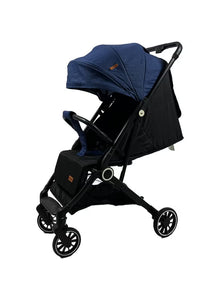 Foldable and lightweight baby stroller with flexible wheels and a protective canopy, blue color