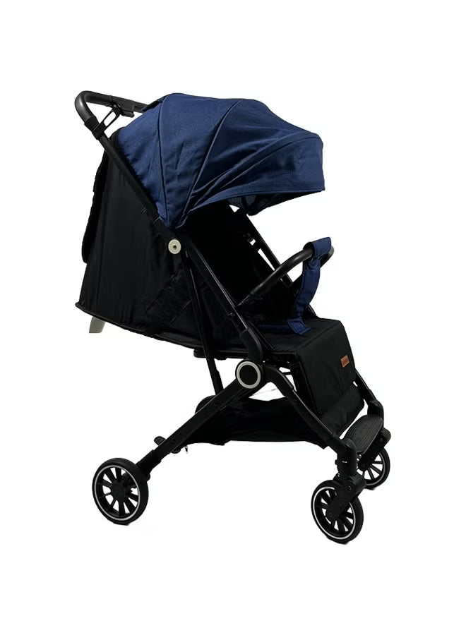 Foldable and lightweight baby stroller with flexible wheels and a protective canopy, blue color